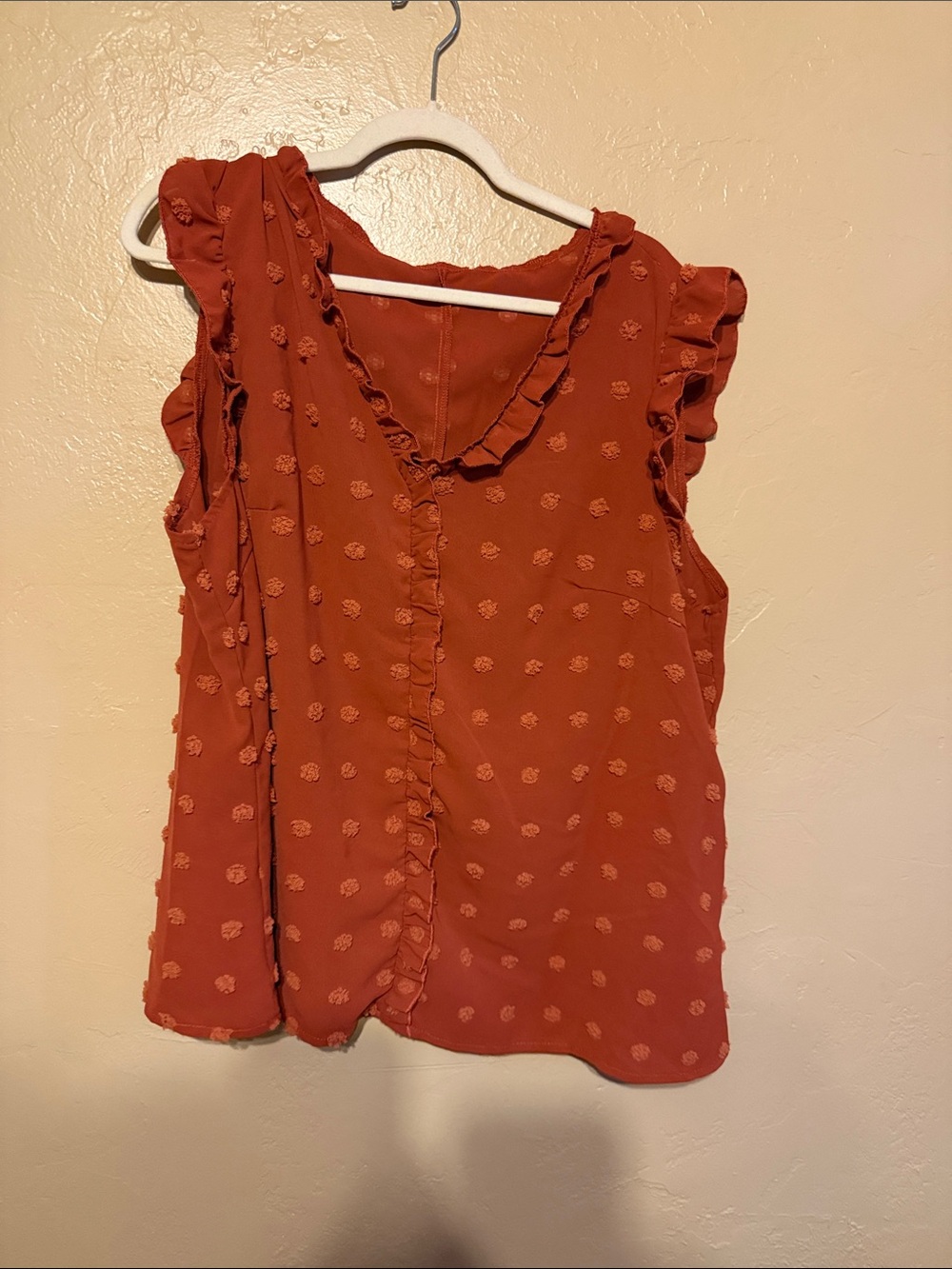SHEIN Rust Textured Ruffle V-Neck Blouse